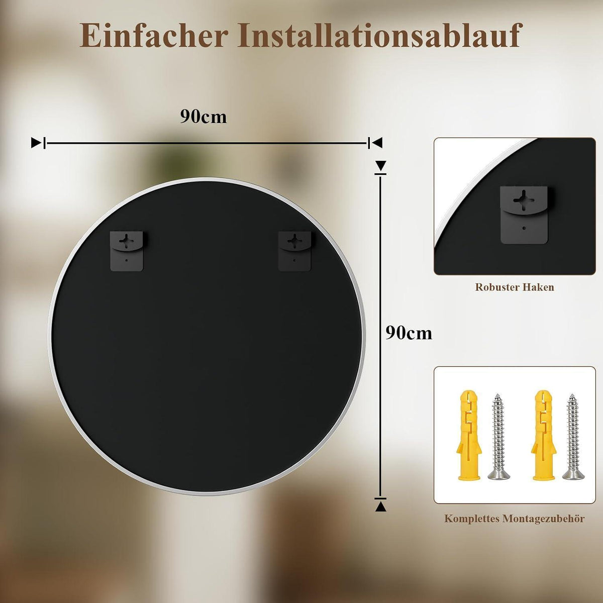 Runder Wandspiegel 90cm mit Aluminiumrahmen – Badezimmer Spiegel