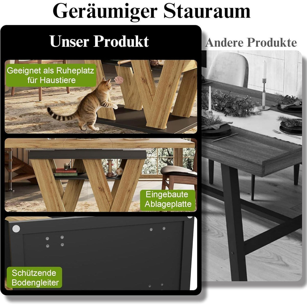 Ausziehbarer Esstisch Holzoptik mit W-Beinen & Regal
