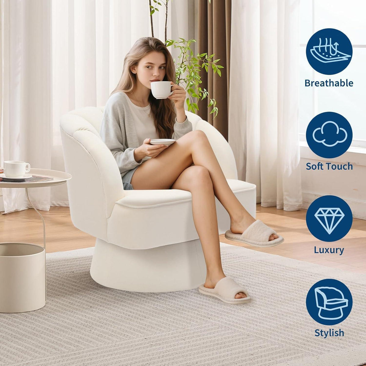 Moderner Drehsessel mit Samtbezug & gestreifter Rückenlehne – Beige