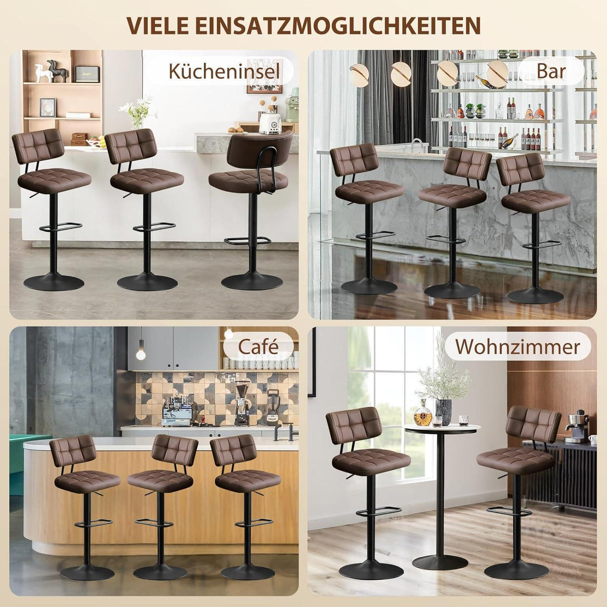 Höhenverstellbarer Barhocker mit Fußstütze – Braun, 3er-Set