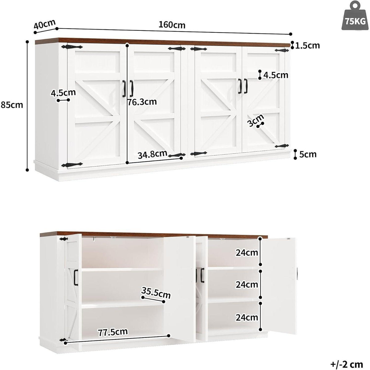 Weißes Sideboard mit 4 Türen & Verstellregalen (160x40x85)