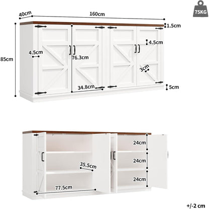 Weißes Sideboard mit 4 Türen & Verstellregalen (160x40x85)