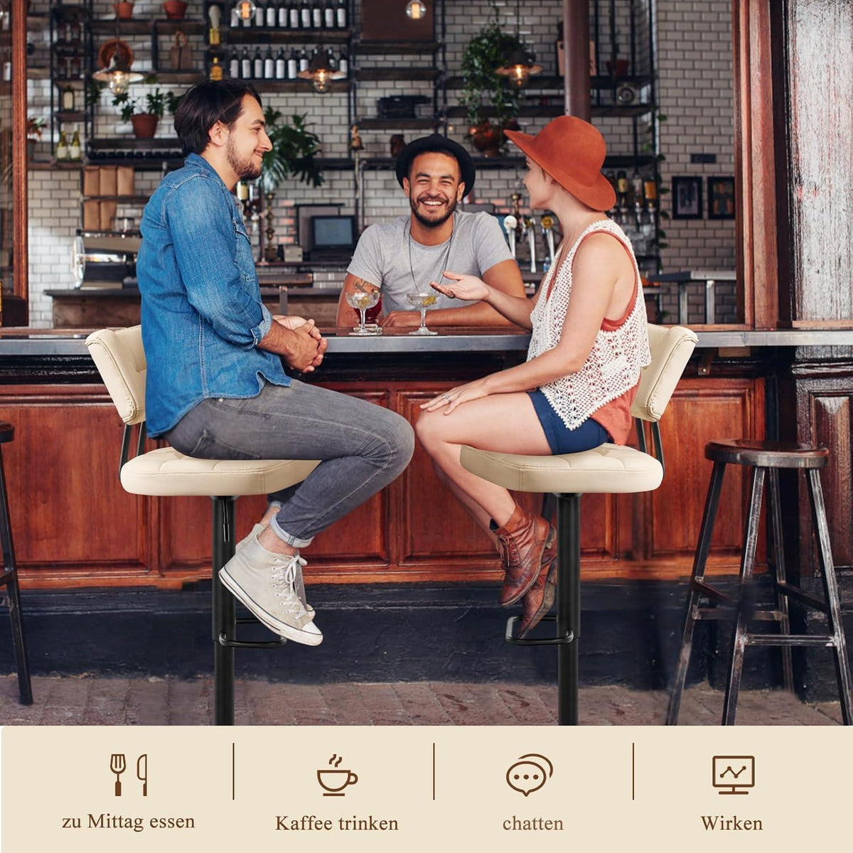 Barhocker Set 3er – Höhenverstellbar, Beige in Lederoptik