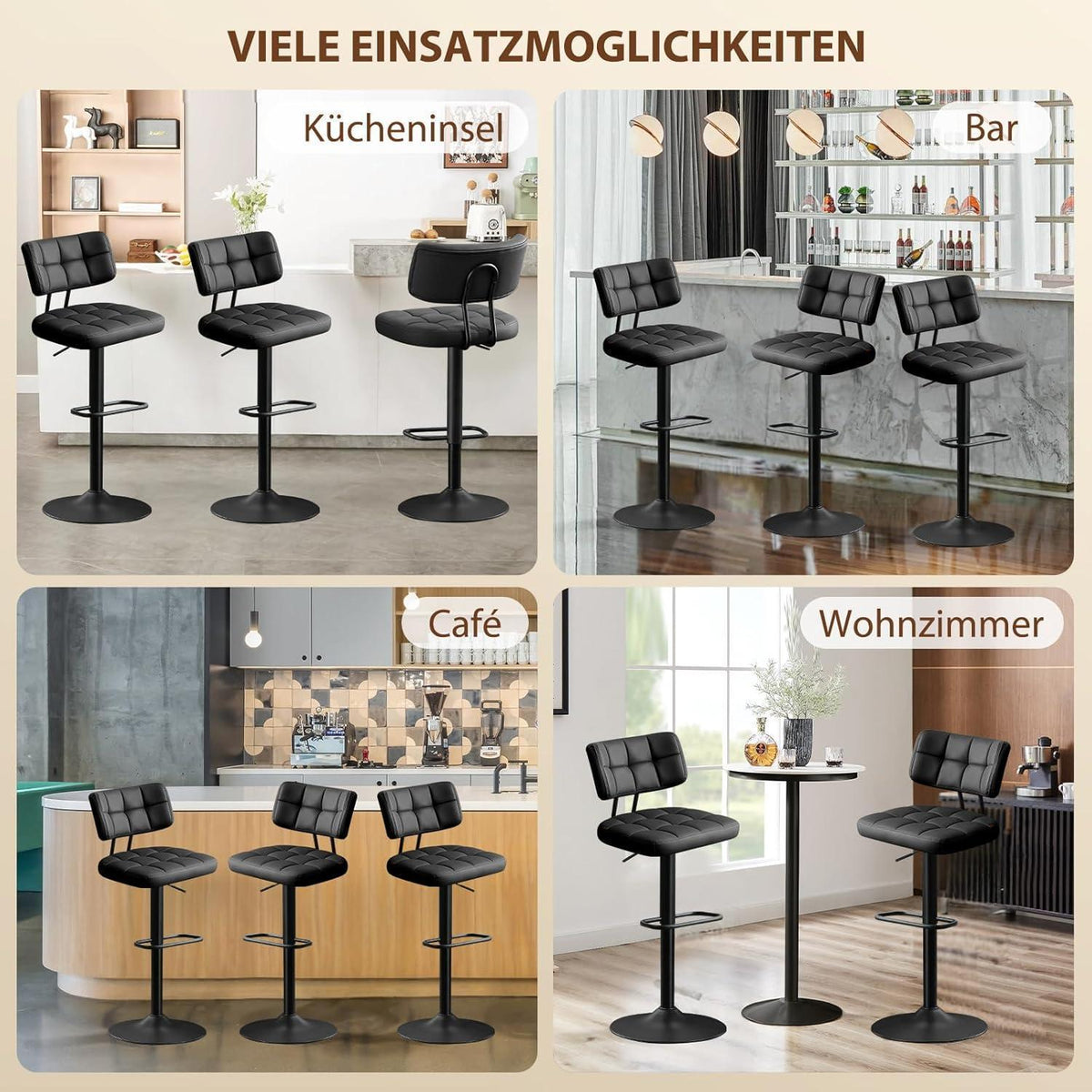 Barhocker Set 3er – Höhenverstellbar, Schwarz in Lederoptik