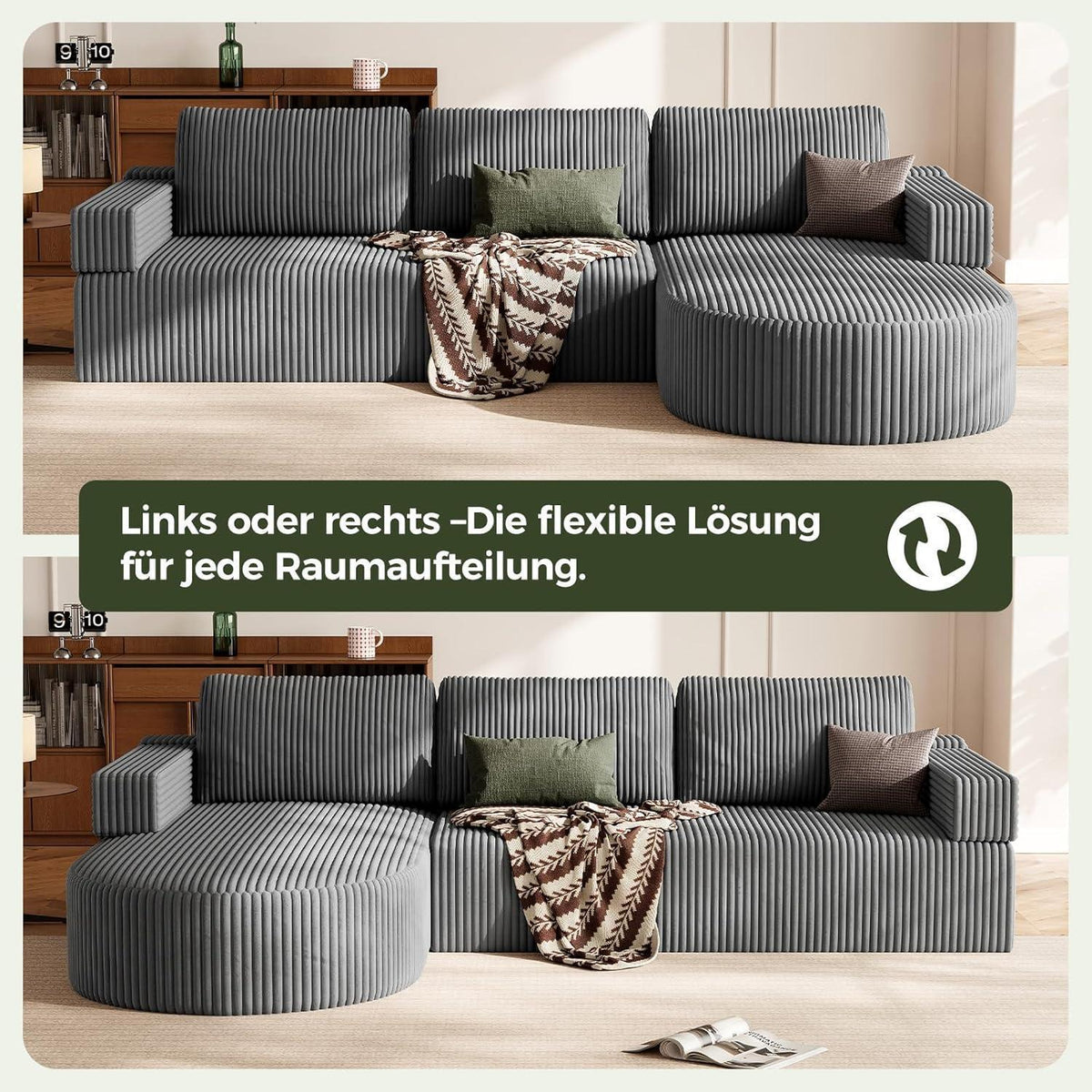 Ecksofa mit Schlaffunktion, Grau – Komfortabler Schlafsofa mit Chaise Longue