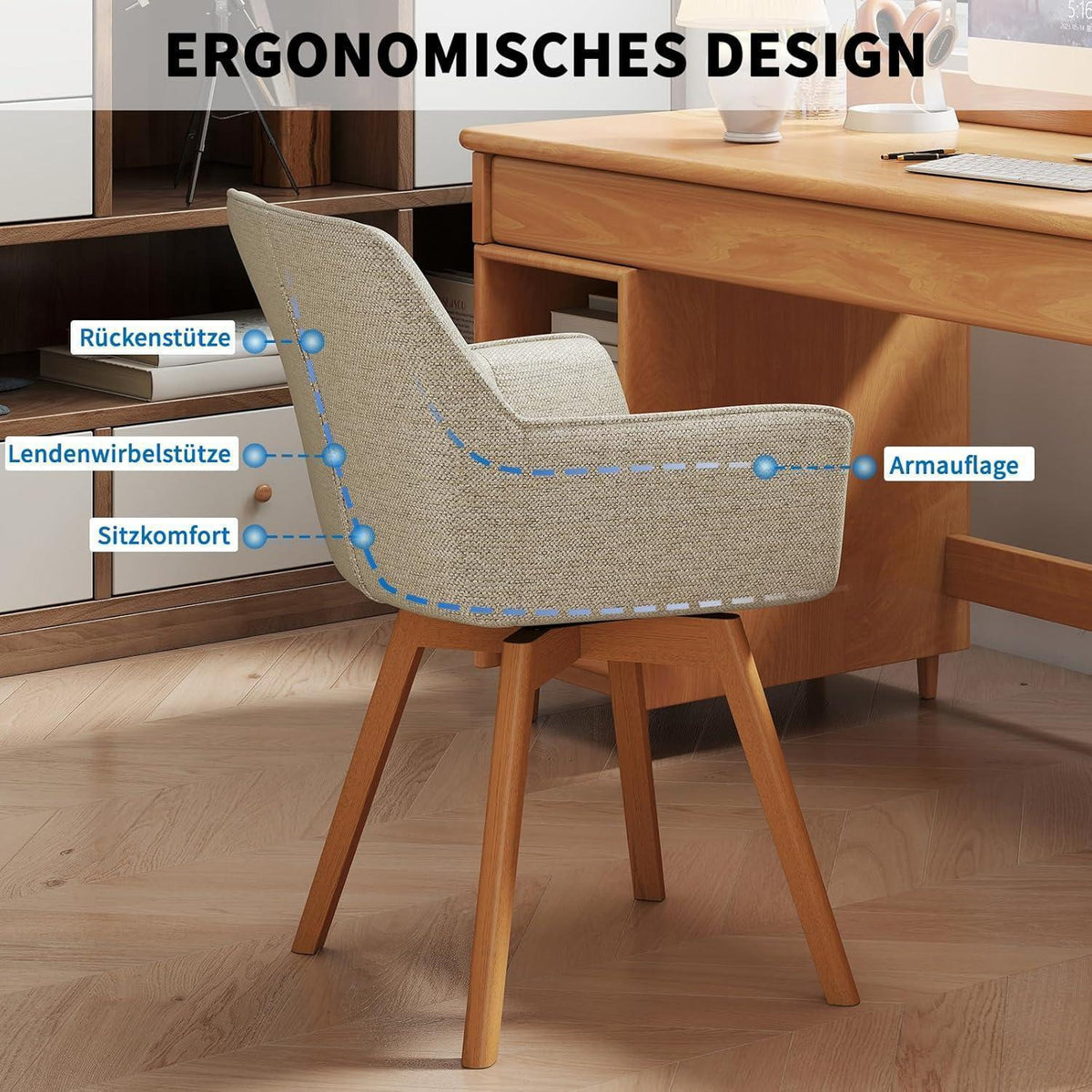 6er Set Drehstühle Samt, Esszimmerstuhl mit Armlehnen & Holzbeinen