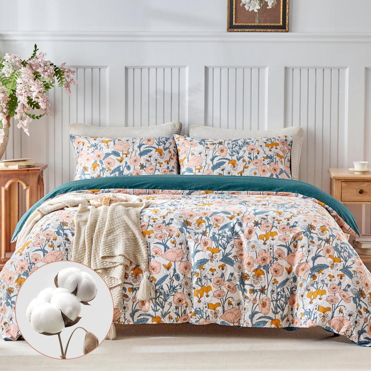 Baumwoll Bettwäsche-Set Blumenmuster 240x220cm + 50x80cm