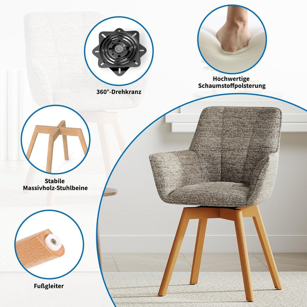 2er Set Drehstühle Samt, Braun – Esszimmer & Wohnzimmer