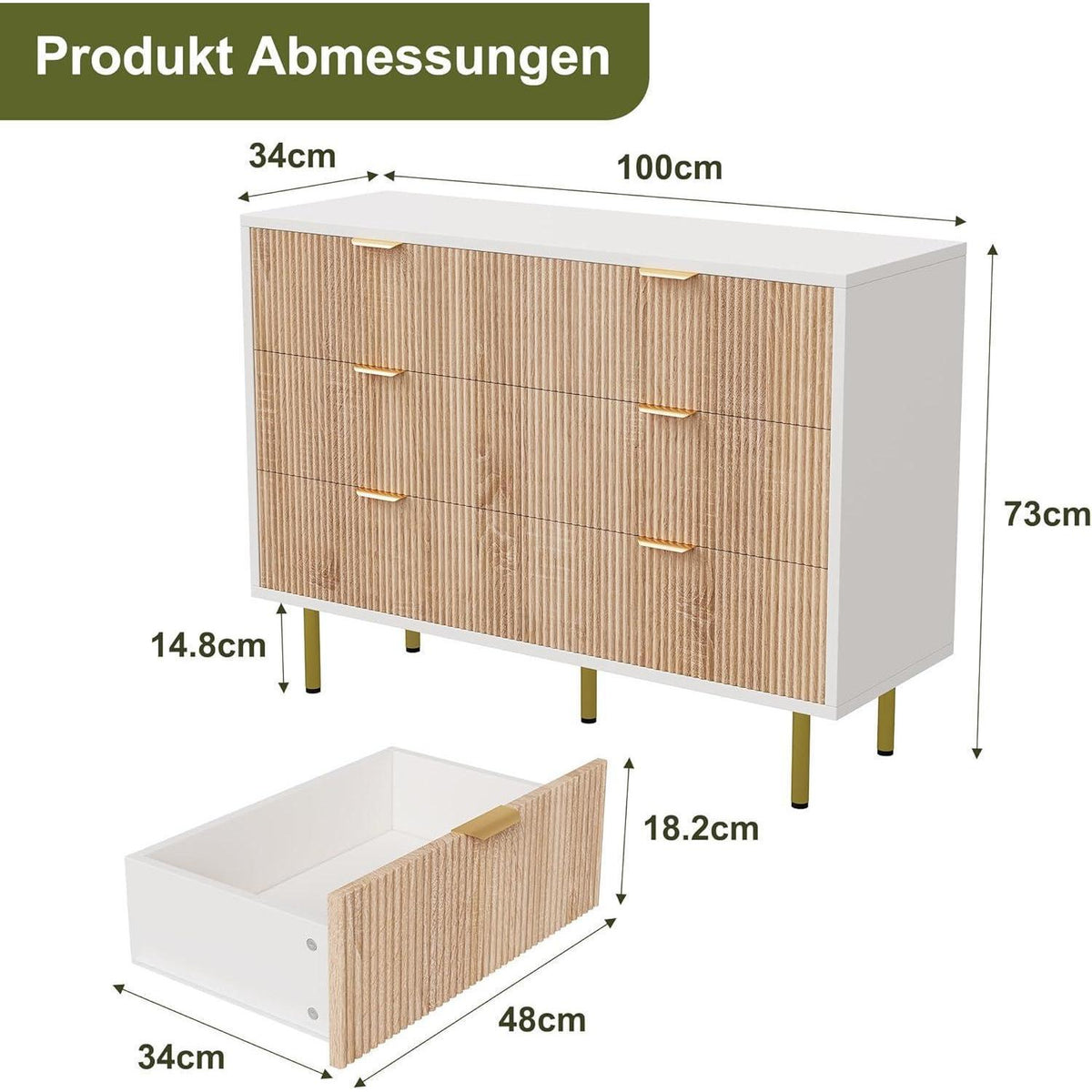 Moderne Kommode 5 Schubladen Weiß+Naturholz 100x34x73 cm