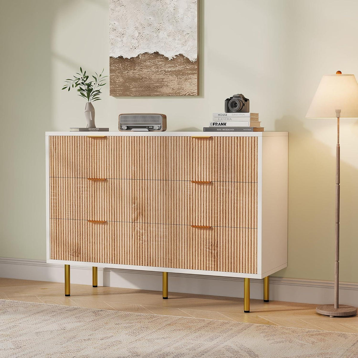 Moderne Kommode 5 Schubladen Weiß+Naturholz 100x34x73 cm