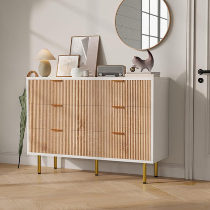 Moderne Kommode 5 Schubladen Weiß+Naturholz 100x34x73 cm