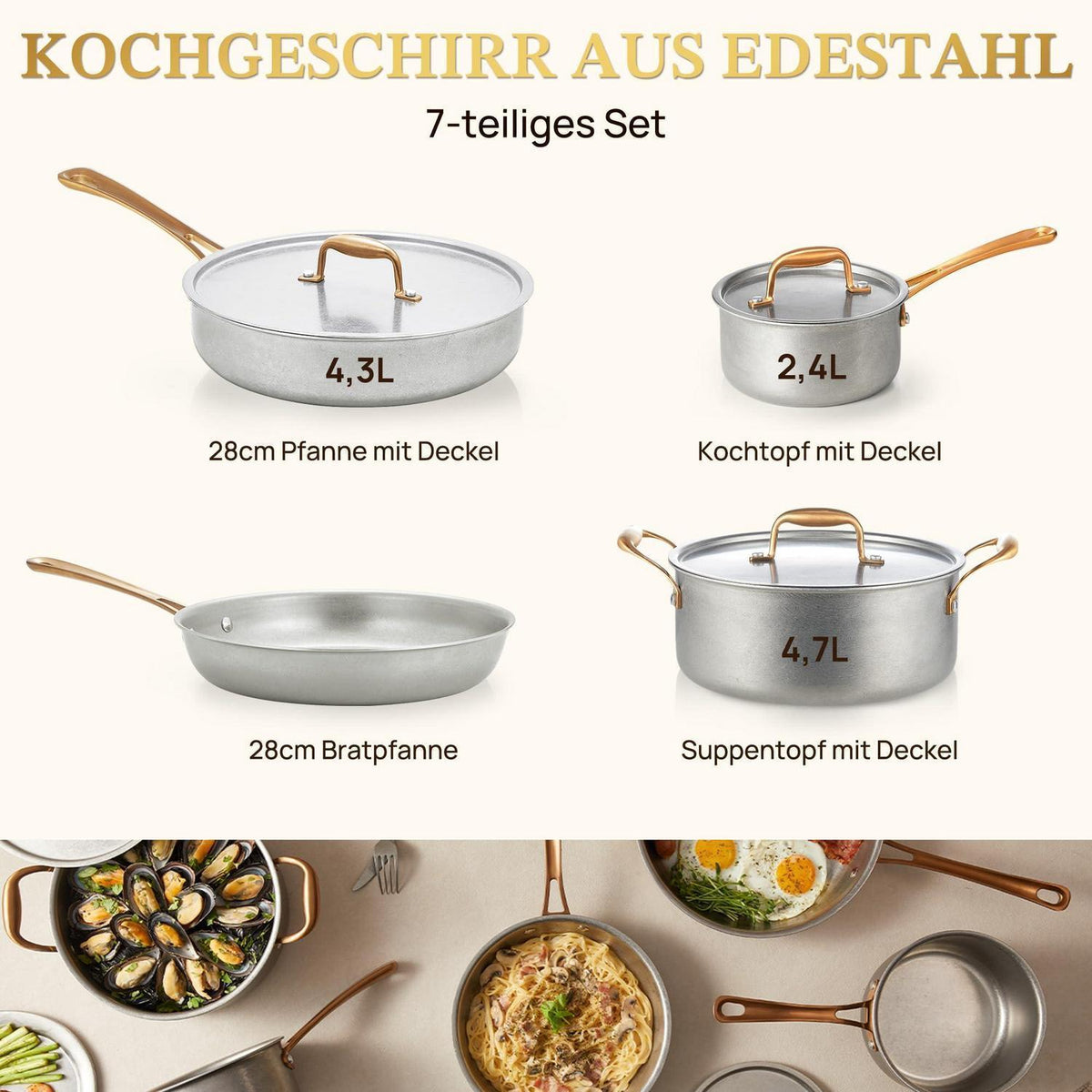 7-teiliges Edelstahl Pfannenset Retro Induktion mit Deckel