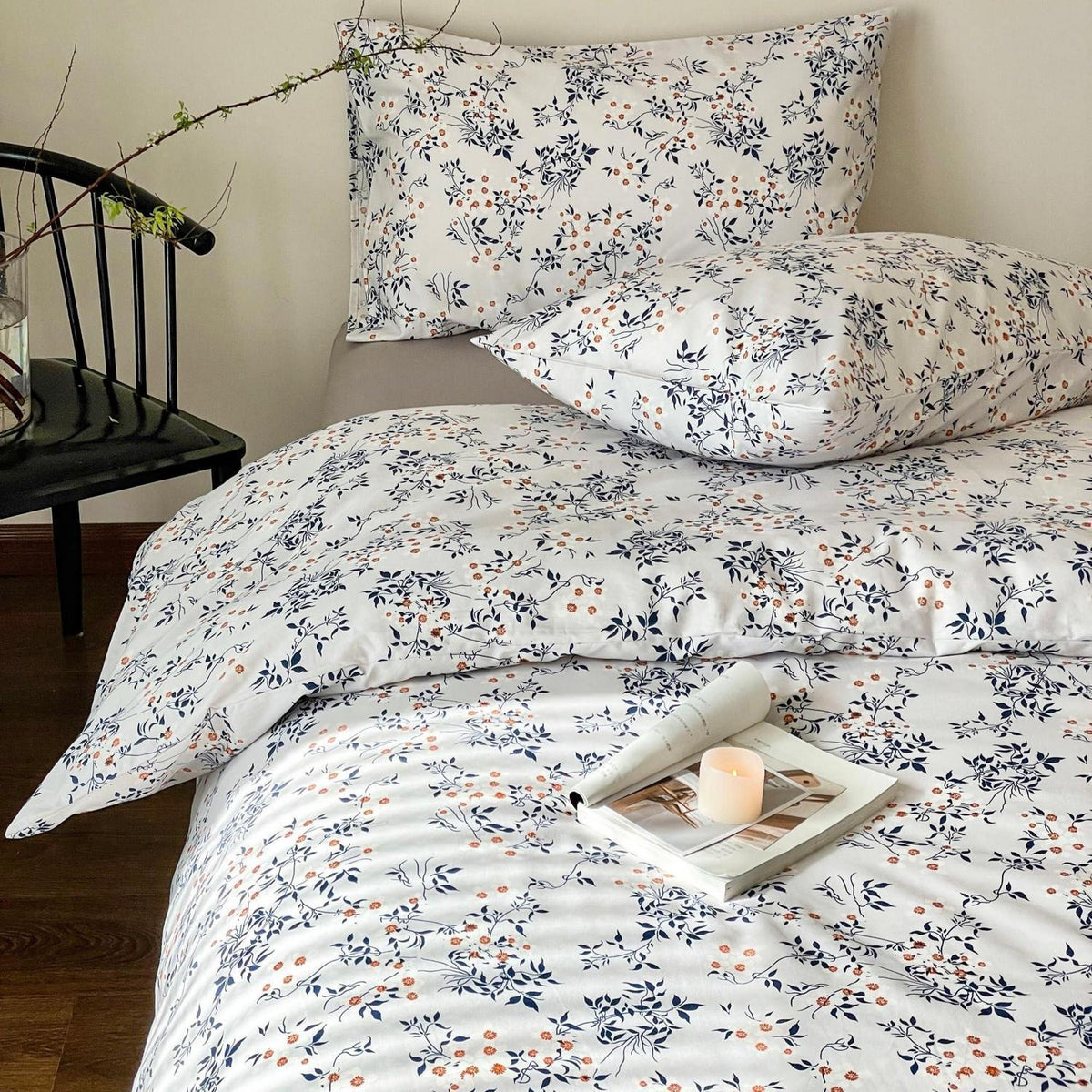 Blumen Bettwäsche Set 135x200 cm Baumwolle Weiß Blau 4tlg.