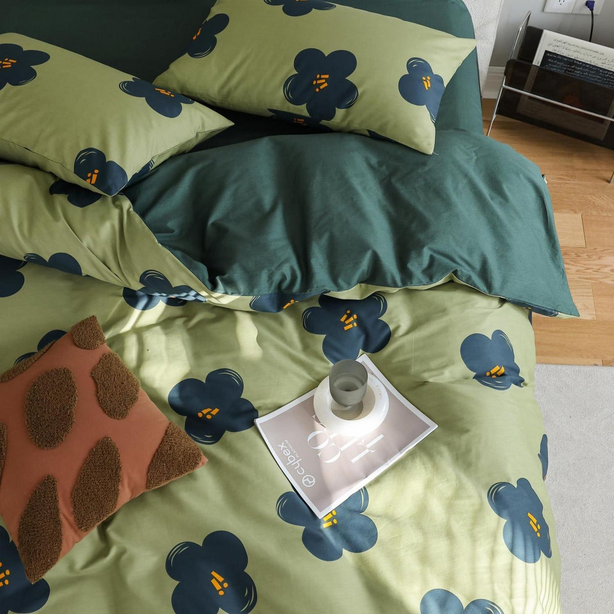 Blumen Bettwäsche Set 135x200 cm Grün Baumwolle 4-teilig