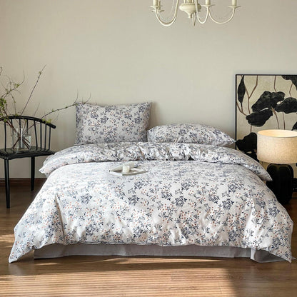 Blumen Bettwäsche Set 220x240 cm Baumwolle Weiß Blau 3tlg.