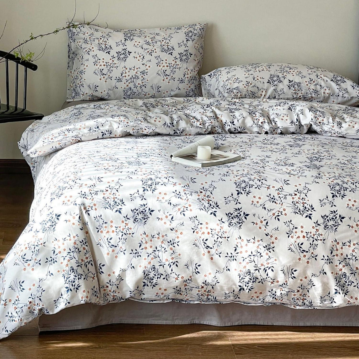 Blumen Bettwäsche Set 220x240 cm Baumwolle Weiß Blau 3tlg.