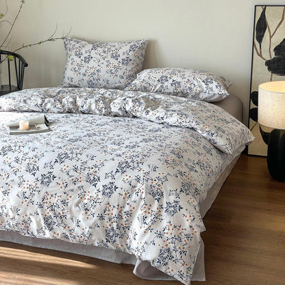 Blumen Bettwäsche Set 220x240 cm Baumwolle Weiß Blau 3tlg.
