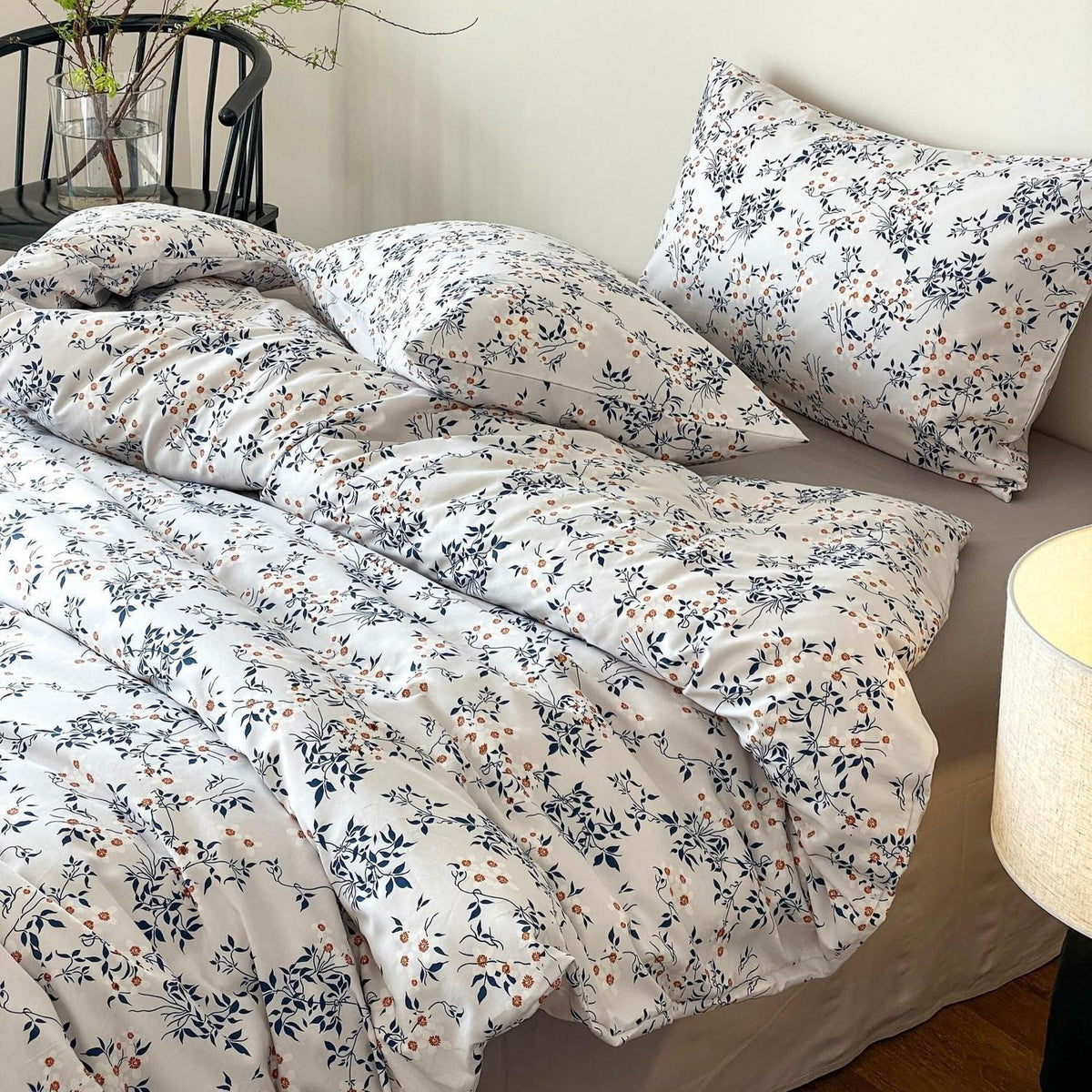 Blumen Bettwäsche Set 220x240 cm Baumwolle Weiß Blau 3tlg.
