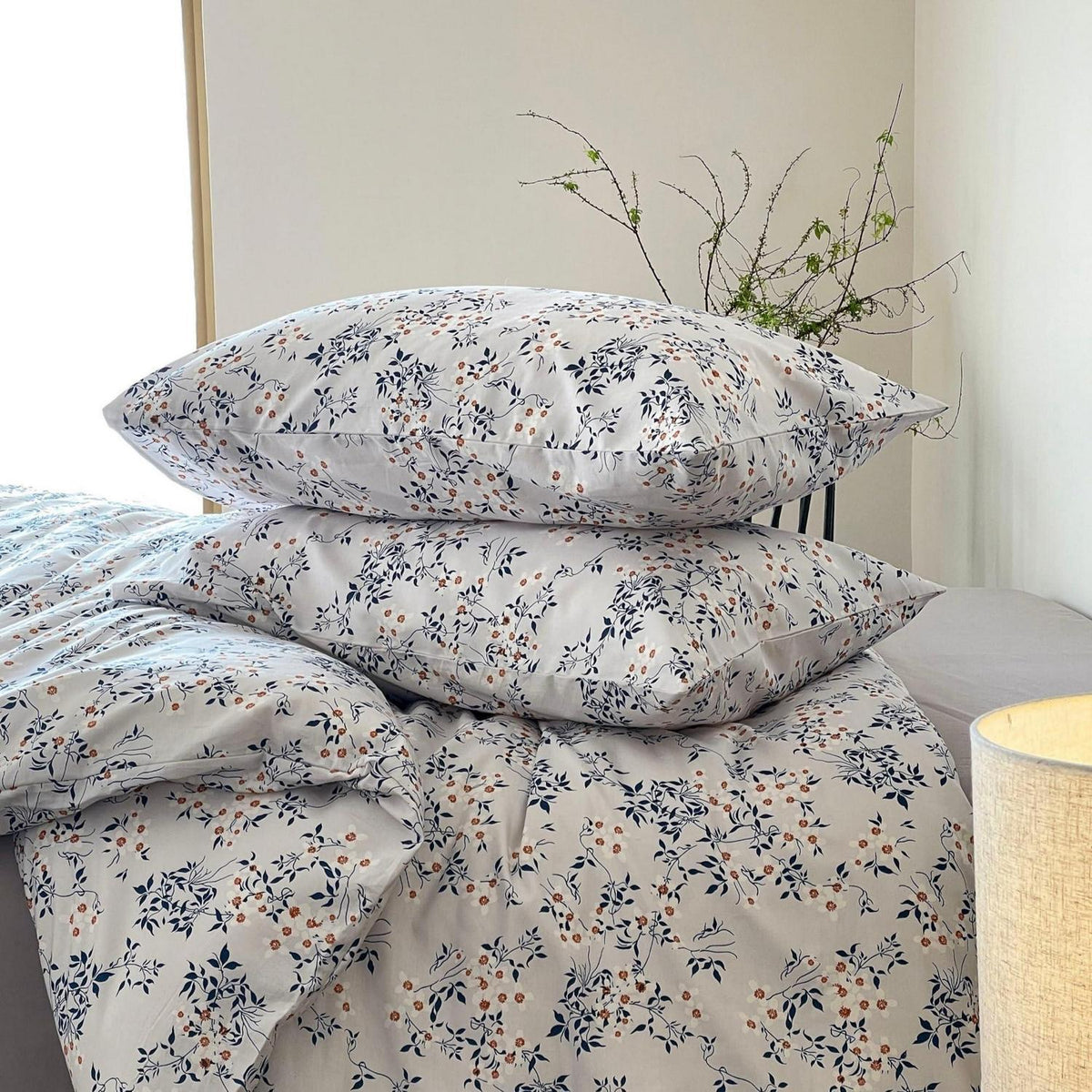 Blumen Bettwäsche Set 220x240 cm Baumwolle Weiß Blau 3tlg.
