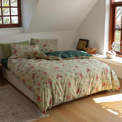 Blumen Bettwäsche Set 200x220 cm Grün Rot Baumwolle 3tlg.