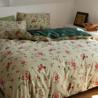 Blumen Bettwäsche Set 200x220 cm Grün Rot Baumwolle 3tlg.