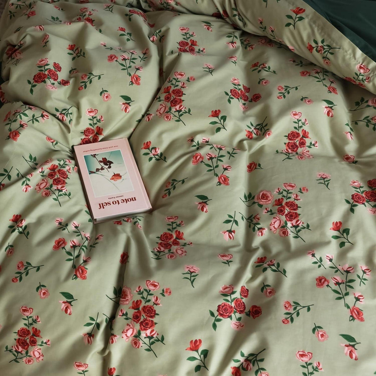 Blumen Bettwäsche Set 200x220 cm Grün Rot Baumwolle 3tlg.