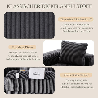 Kompaktes 3-Sitzer Cord Sofa mit Schlaffunktion & Kissen - Darkgray