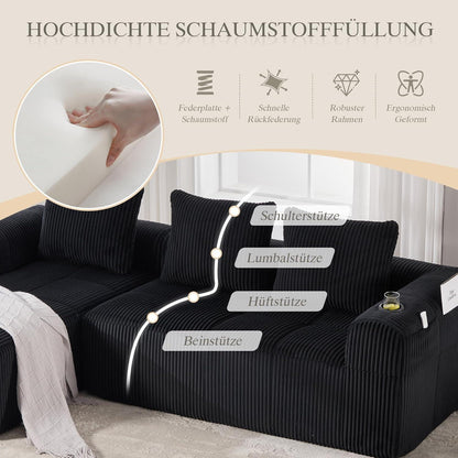 Kompaktes 3-Sitzer Cord Sofa mit Schlaffunktion & Kissen (Schwarz)