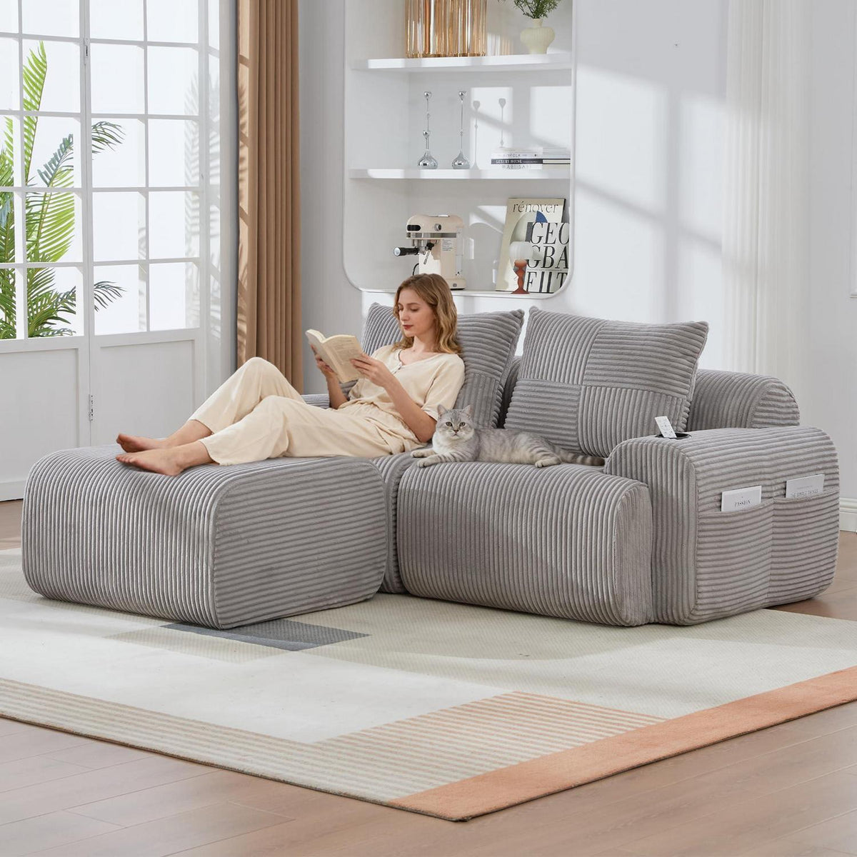 Modulares Cord Sofa 2-Sitzer mit Hocker & Stauraum, Hellgrau