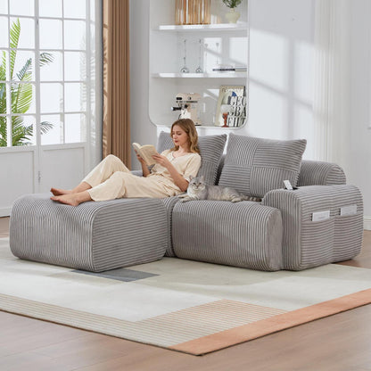 Modulares Cord Sofa 2-Sitzer mit Hocker & Stauraum, Hellgrau