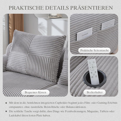 Modulares Cord Sofa 2-Sitzer mit Hocker & Stauraum, Hellgrau