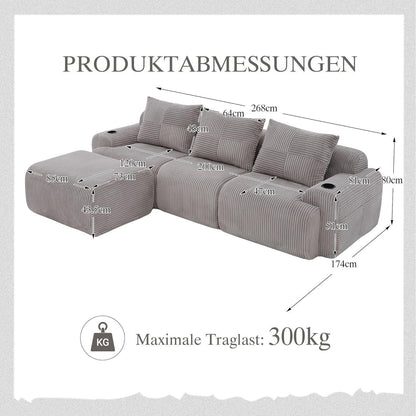 Modulares Cord Sofa 3-Sitzer mit Hocker & Stauraum – Hellgrau