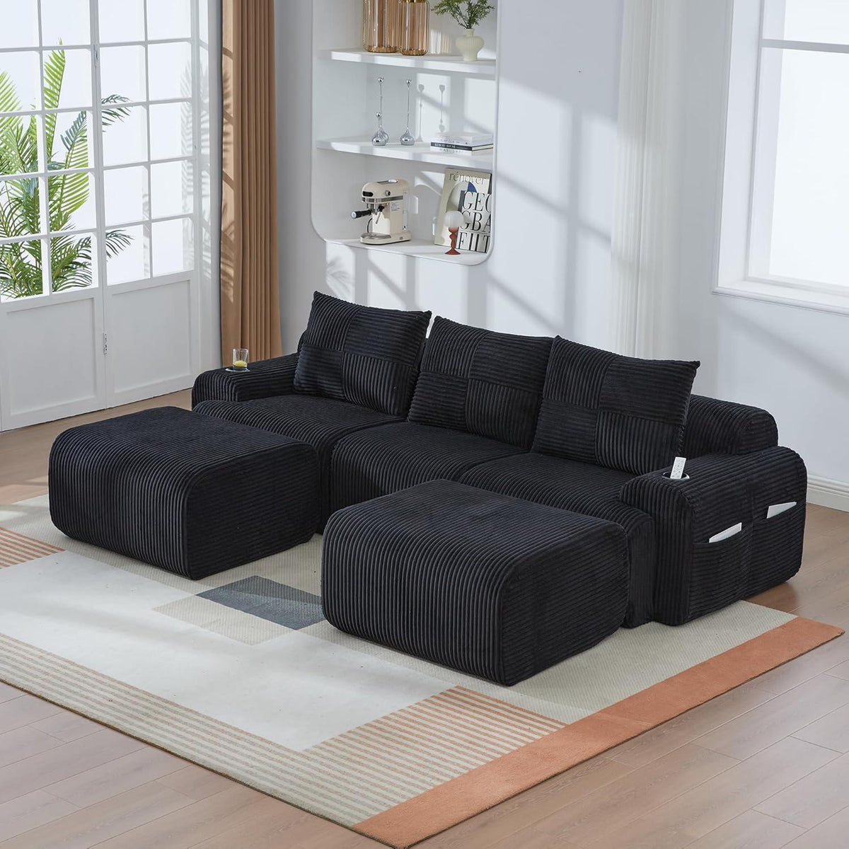 Modulares Cord Sofa 3-Sitzer mit Hockern & Stauraum Schwarz