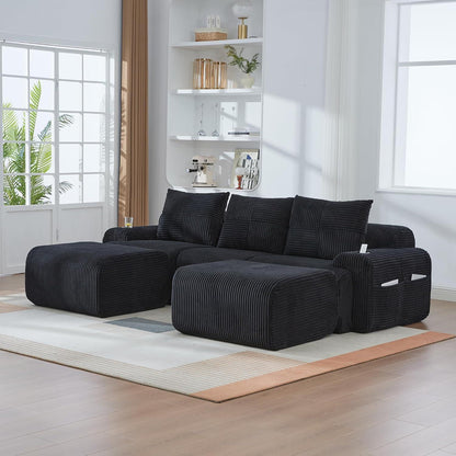 Modulares Cord Sofa 3-Sitzer mit Hockern & Stauraum Schwarz