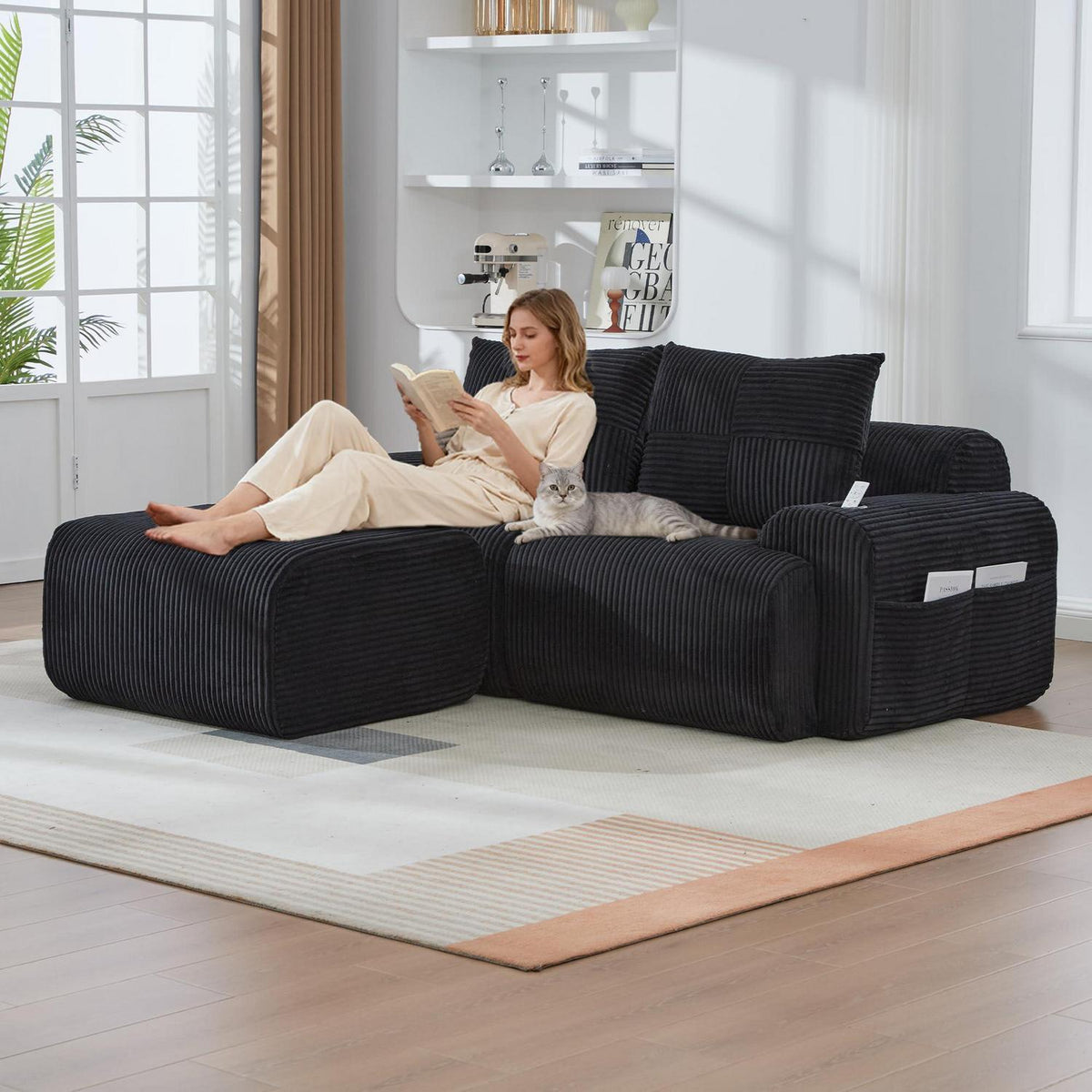 Modulares Cord Sofa 2-Sitzer mit Hocker & Stauraum Schwarz