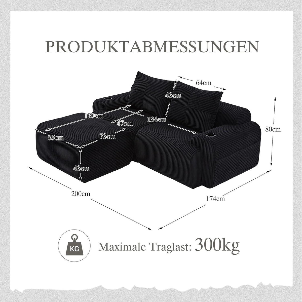 Modulares Cord Sofa 2-Sitzer mit Hocker & Stauraum Schwarz
