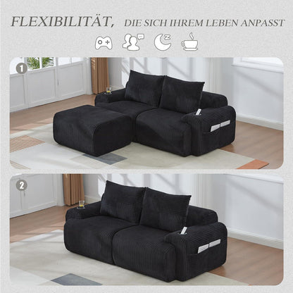 Modulares Cord Sofa 2-Sitzer mit Hocker & Stauraum Schwarz