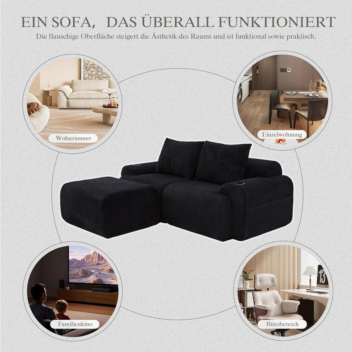 Modulares Cord Sofa 2-Sitzer mit Hocker & Stauraum Schwarz