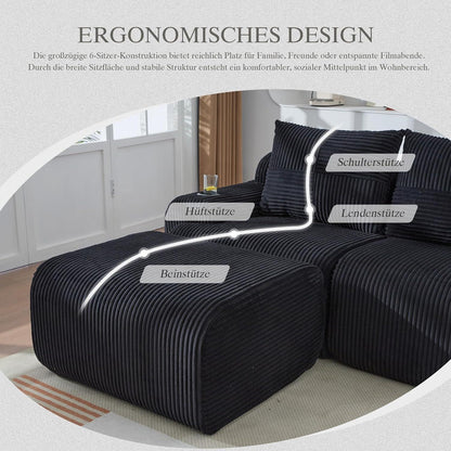 Modulares Cord Sofa 2-Sitzer mit Hocker & Stauraum Schwarz
