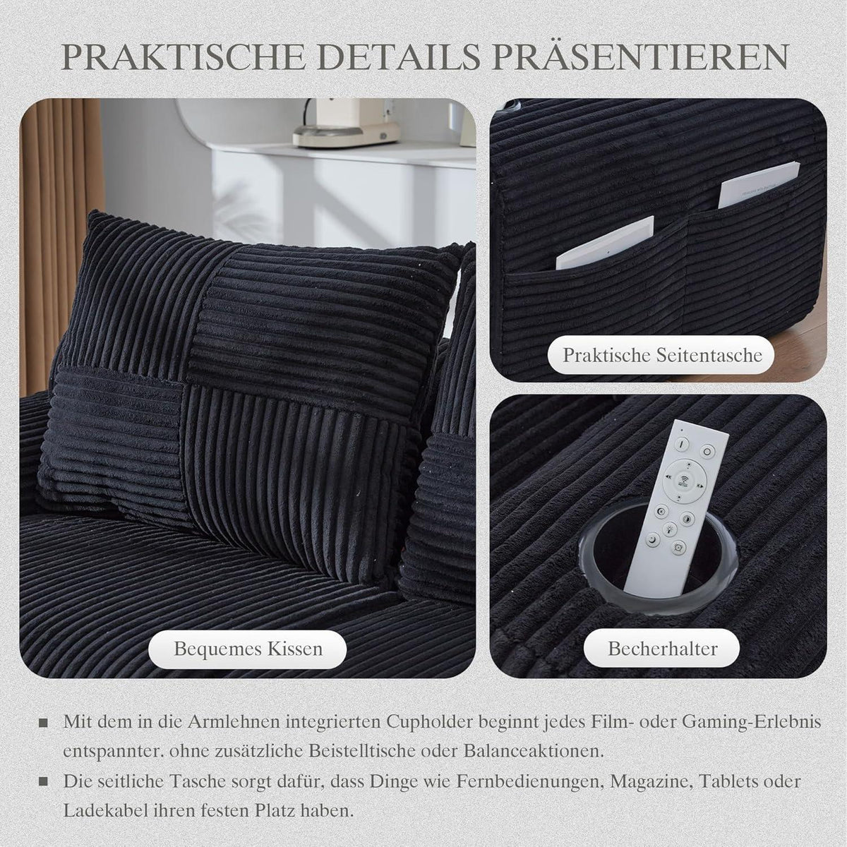Modulares Cord Sofa 2-Sitzer mit Hocker & Stauraum Schwarz