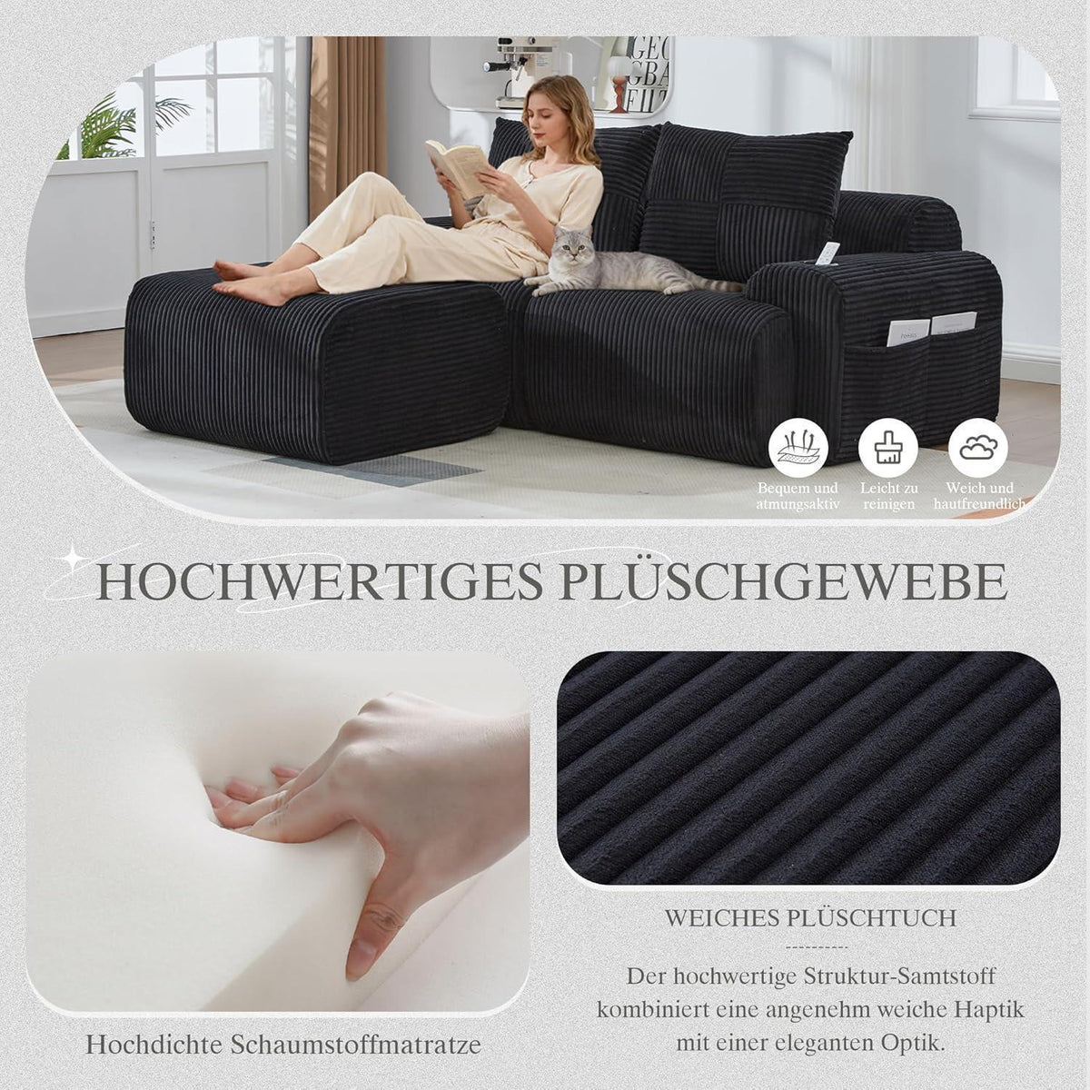 Modulares Cord Sofa 2-Sitzer mit Hocker & Stauraum Schwarz