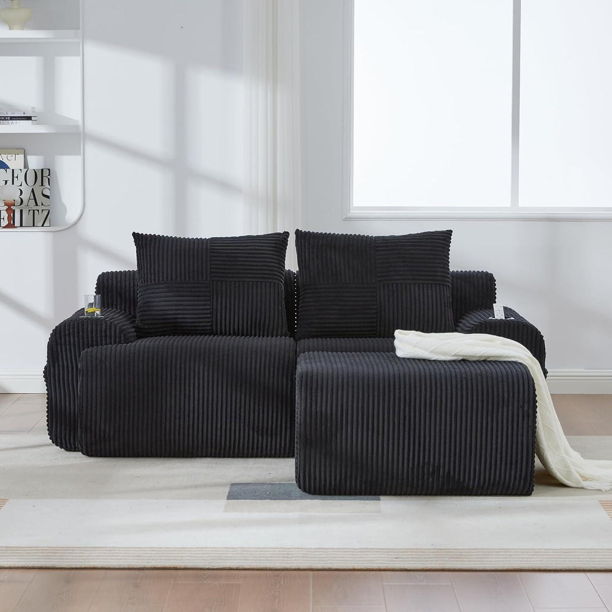 Modulares Cord Sofa 2-Sitzer mit Hocker & Stauraum Schwarz