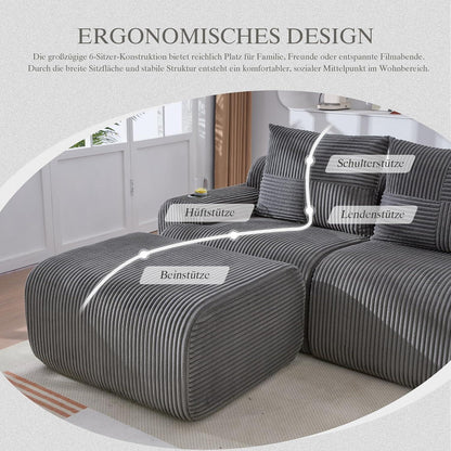 4-Sitzer Cord Sofa mit Hockern | Modular, Getränkehalter & Stauraum