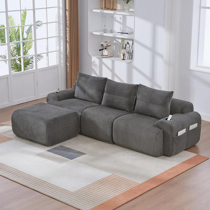 Modulares Cord Sofa 3-Sitzer mit Hocker & Stauraum