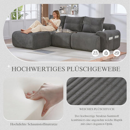 Modulares Cord Sofa 3-Sitzer mit Hocker & Stauraum