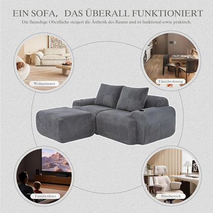Modulares Cord Sofa 2-Sitzer mit Hocker & Stauraum