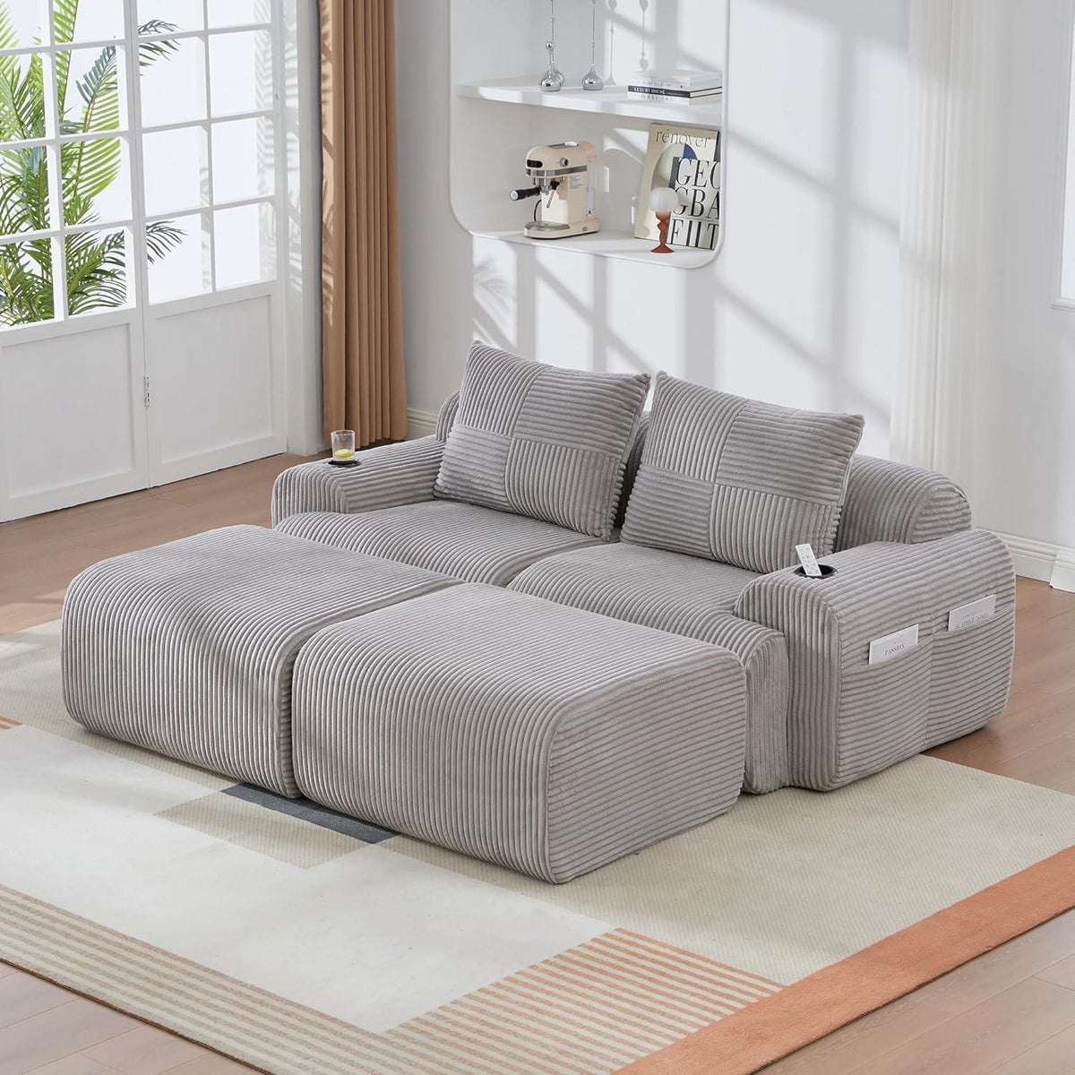 Cord Sofa 2-Sitzer mit Hockern | Modular, Getränkehalter & Stauraum