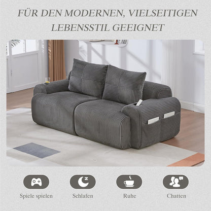Cord 2-Sitzer Sofa mit Stauraum & Getränkehalter – Dunkelgrau