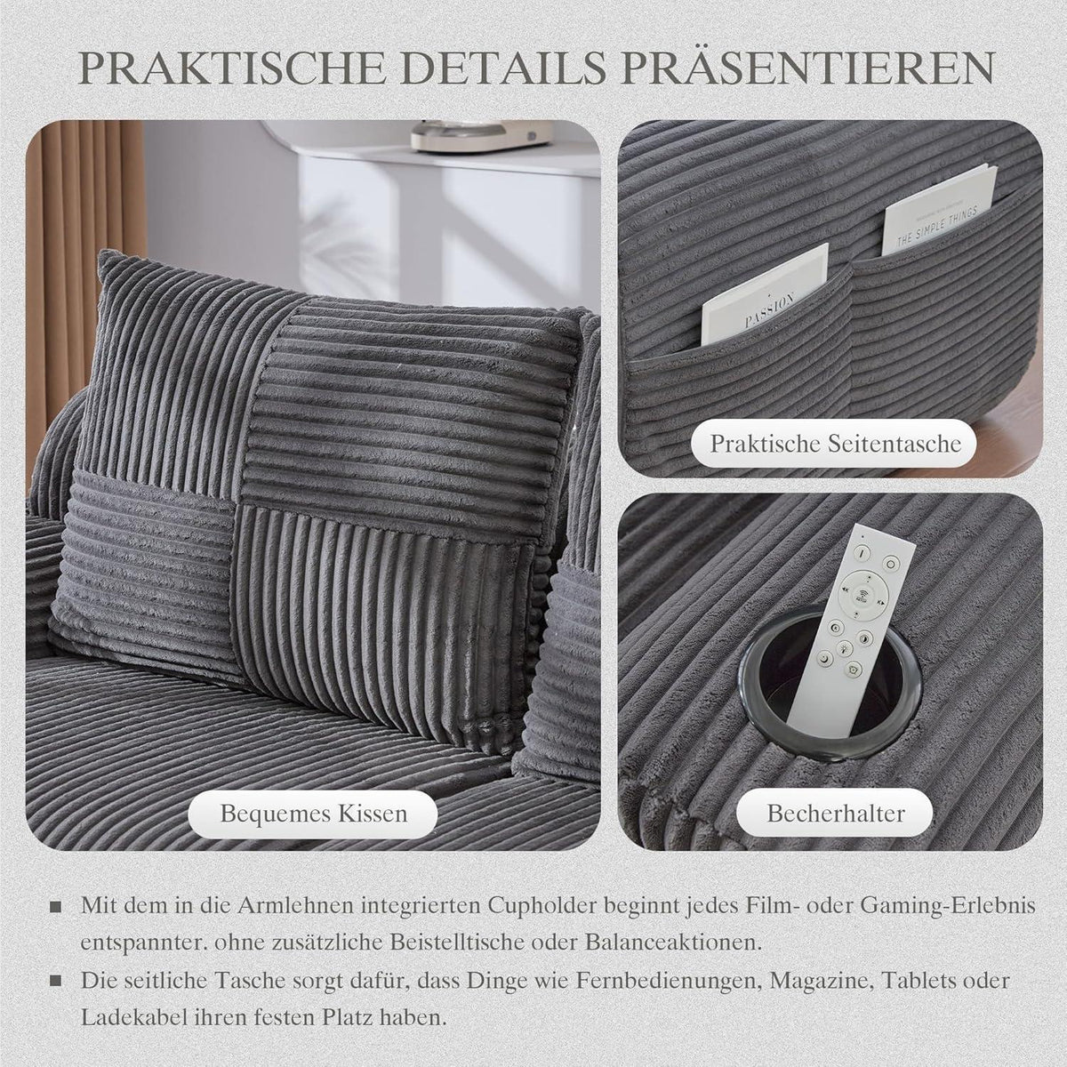 Cord 2-Sitzer Sofa mit Stauraum & Getränkehalter – Dunkelgrau