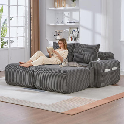 Cord Sofa 2-Sitzer mit Hockern | Getränkehalter & Stauraum
